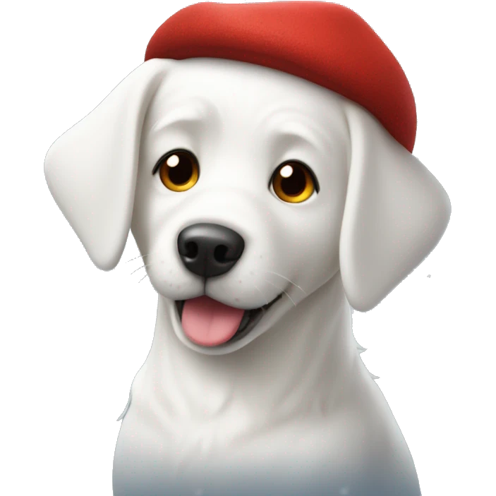 A cute white dog covered in Snow White a red hat emoji