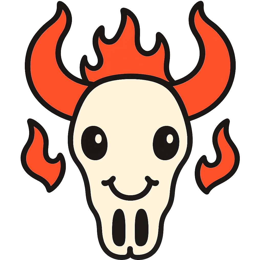Make the white bull skull with bright red-orange flaming horns look less scary, give it a friendly and approachable expression, keep the style consistent. Remove the background. emoji