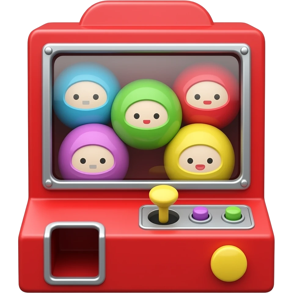 Can you draw me a gatcha machine. I hope there are about 5 colorful circle shapes gatchas inside.  5 colorful gatchas have not eyes, mouse ... / a gatcha machine color is red. a gatcha machine looks like a candy machine splz. emoji