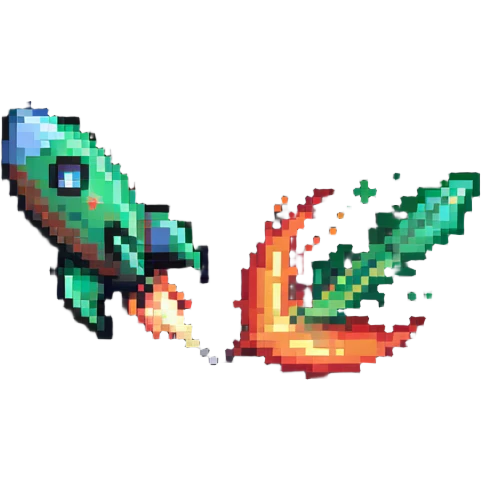 green to red gradient rocket flying diagonally to the upper right corner, with pixel art flame trail emoji