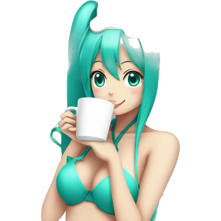 Hatsune miku drinking coffee while wearing a bikini emoji