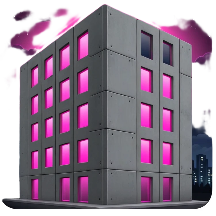 Nighttime scene of a Russian concrete panel building, dark gray rectangular structure against night sky, one window with intense bright pink UV grow light glowing in the darkness emoji