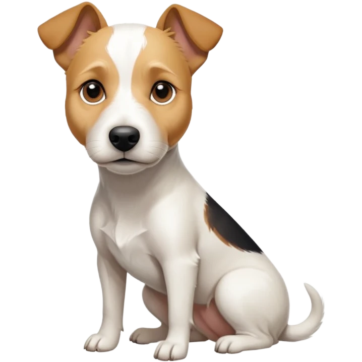 a full body facing front on of a buff white parson russell terrier looking dog the size of a kelpie with light brown long ears resting on its face and a light brown patch above one eye and a large snout. the rest of the dog is completely white.  emoji