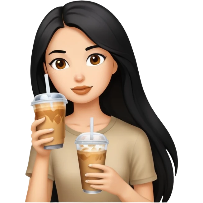 Bron girl long black hair with ice coffee emoji