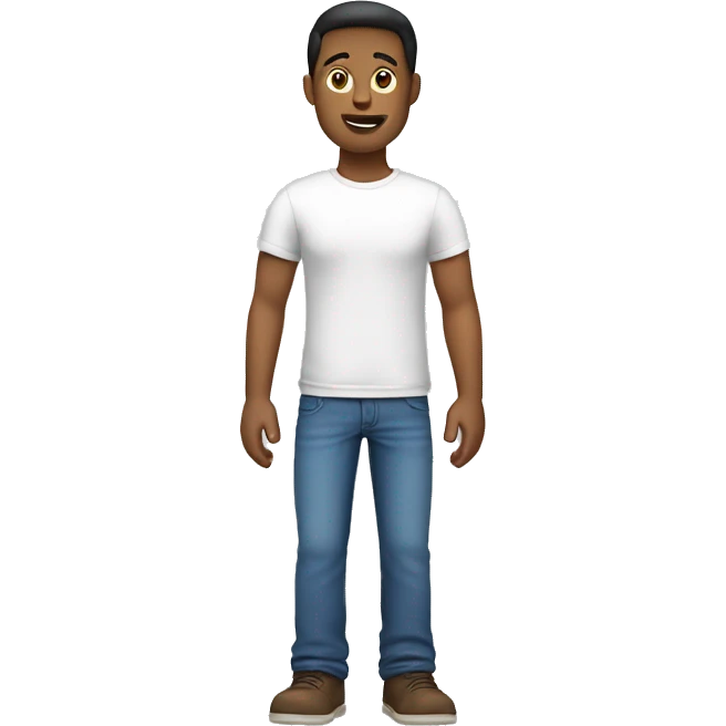 a male, full body. waving with his left hand. From the front.  Dressed with a round collar, white tshirt and blue jeans emoji