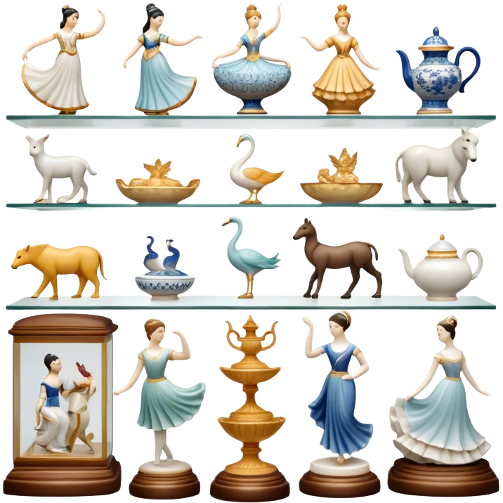 Icon for Porcelain Figurine Collecting: a collection of delicate porcelain figurines, such as animals, dancers, and historical characters, displayed on a shelf or in a display case. The icon should convey the elegance and artistry of collecting porcelain statues. Transparent background. emoji