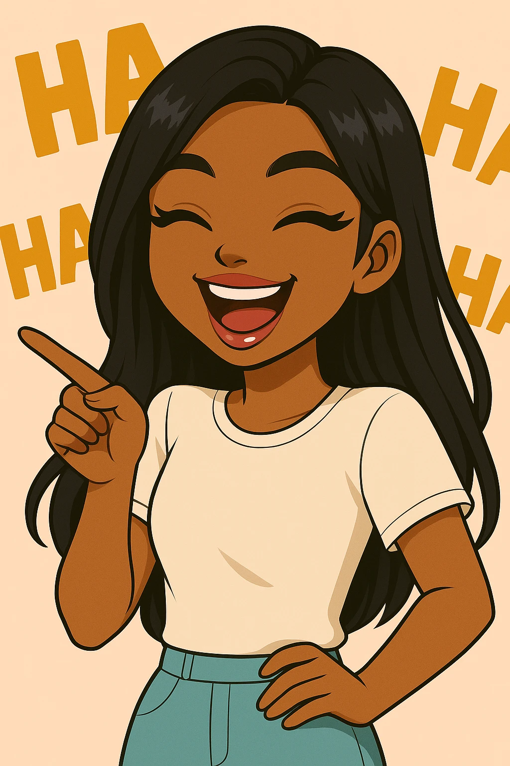 Change the pose to pointing and laughing, add 'ha ha ha' text in the background, headshot only, 20-year-old anime Bratz style woman with dark skin, straight hair, more casual outfit, big expressive eyes, glossy lips, no hat, no tears, happy expression, looking straight ahead. emoji
