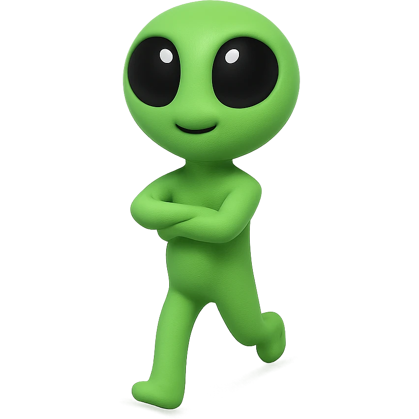 Create a neon green alien dancing, almost identical to the reference image, with minimal changes in the positions of arms and legs, looking straight ahead. This is frame 8 of an animation. PNG format with transparent background. emoji
