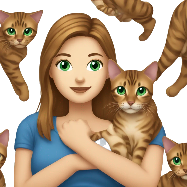 a beautiful girl with green eyes and brown hair is holding a Bengal cat with blue eyes in her arms emoji