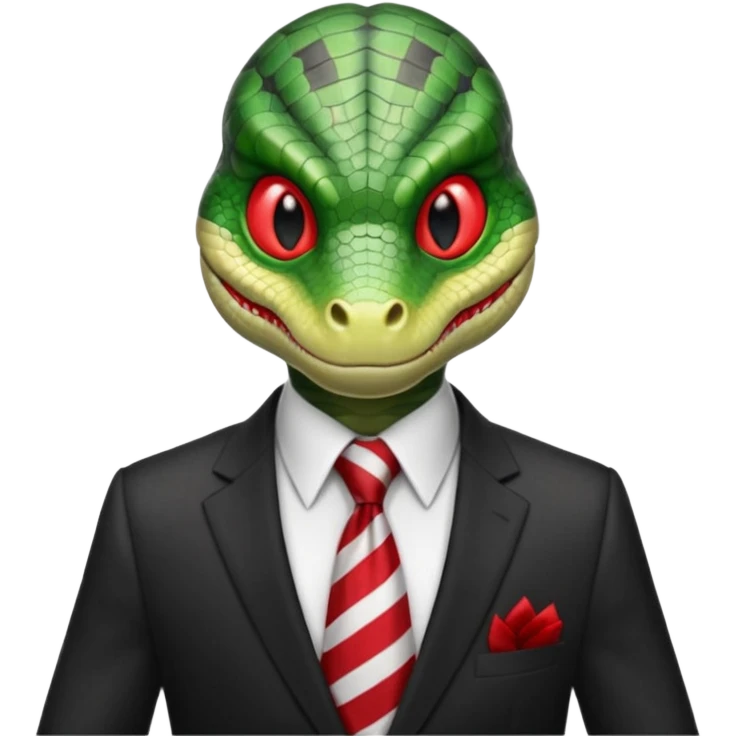 A green reptilian humanoid dressing a suit, striped red and white tie, human emoji style, his face is seriously, his eyes is similar to real viper snake eye emoji