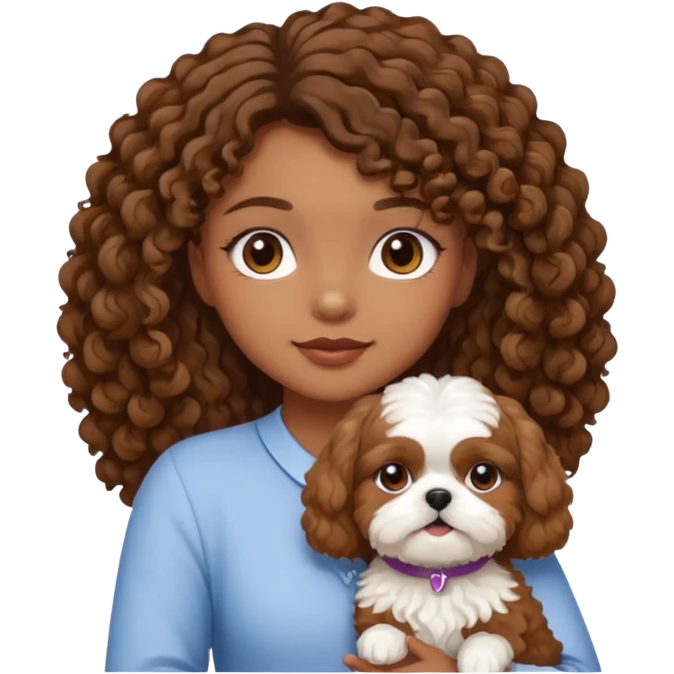 Brown skin girl brown eyes curly hair holding Shih Tzu emoji