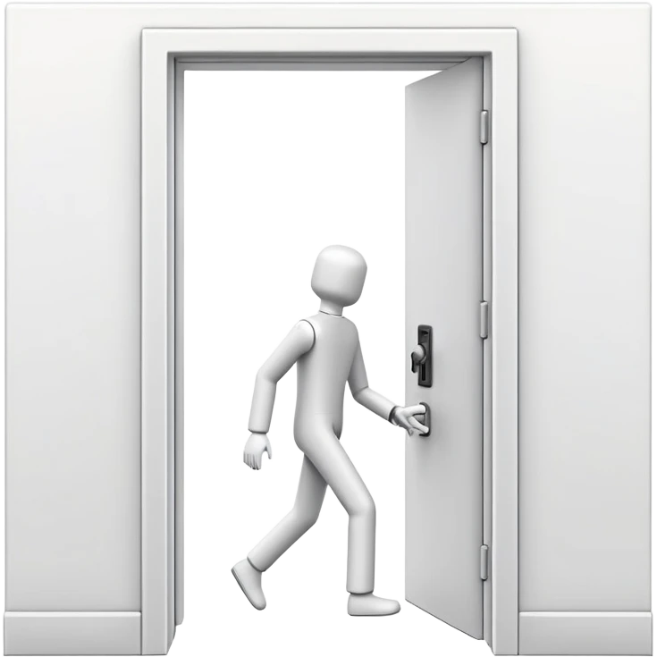 minimalistic icon of a white human figure walking through an open outlined door, viewed from the front, door with visible doorknob, solid green background, flat simple clean lines, high contrast emoji