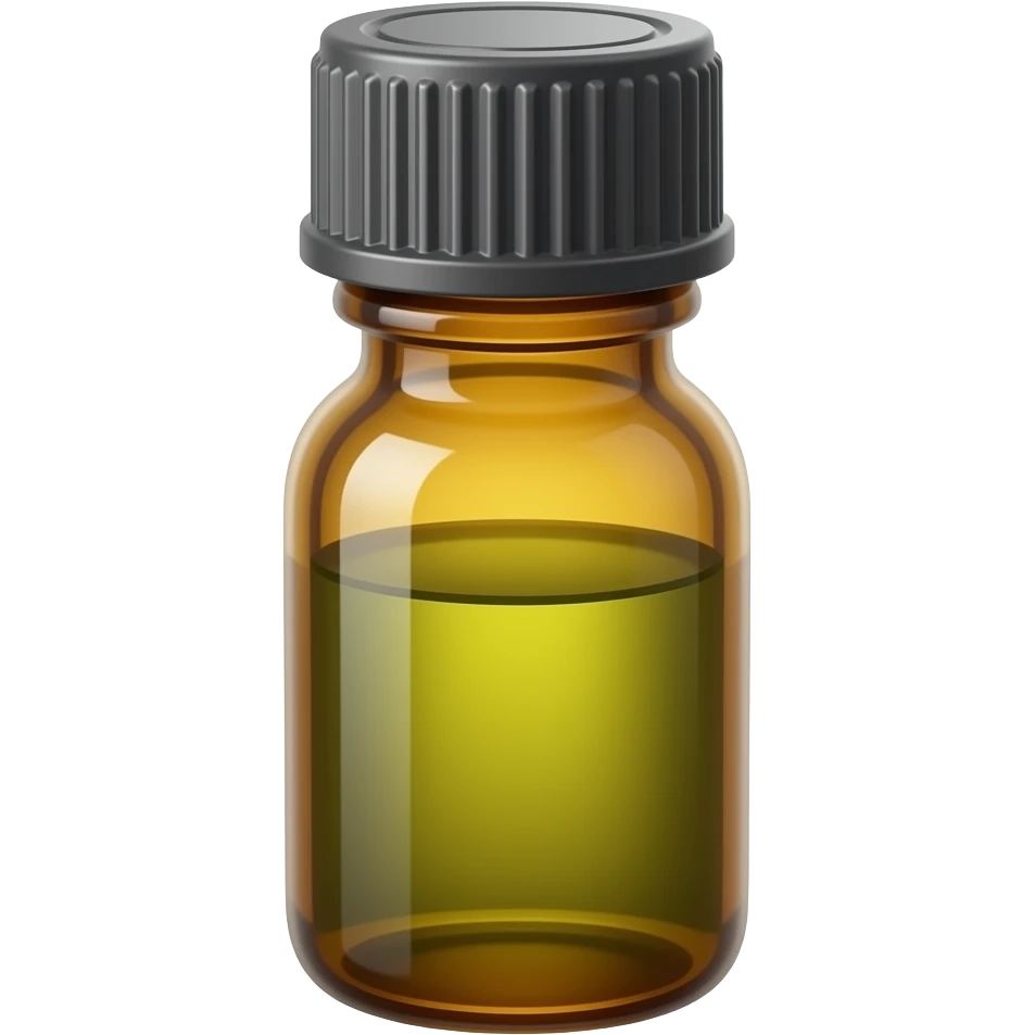 small amber glass bottle with narrow neck and tightly sealed black or white screw cap, translucent glass with subtle glow, apothecary style, no label, dropper, or extras, soft lighting, subtle shadows, emoji scale, containing a green liquid inside emoji