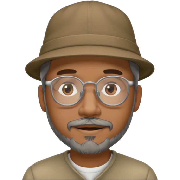Brown man with hat no hair, but gray goatee, clear glasses and slightly smiling emoji
