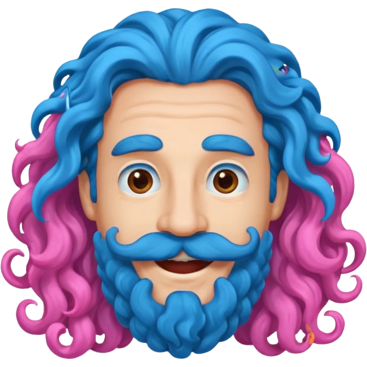 man with very curly long blue hair pink big mustache  emoji