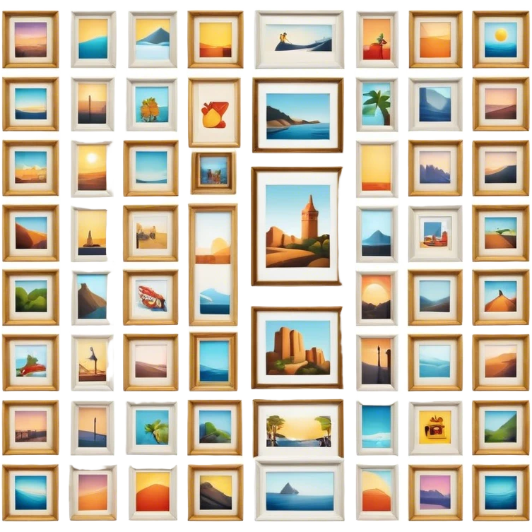 Icon for Photograph and Poster Collecting: a collection of photographs and movie posters, neatly displayed on a wall or in frames. The icon should evoke the nostalgia and artistic value of collecting rare images and posters. Transparent background. emoji