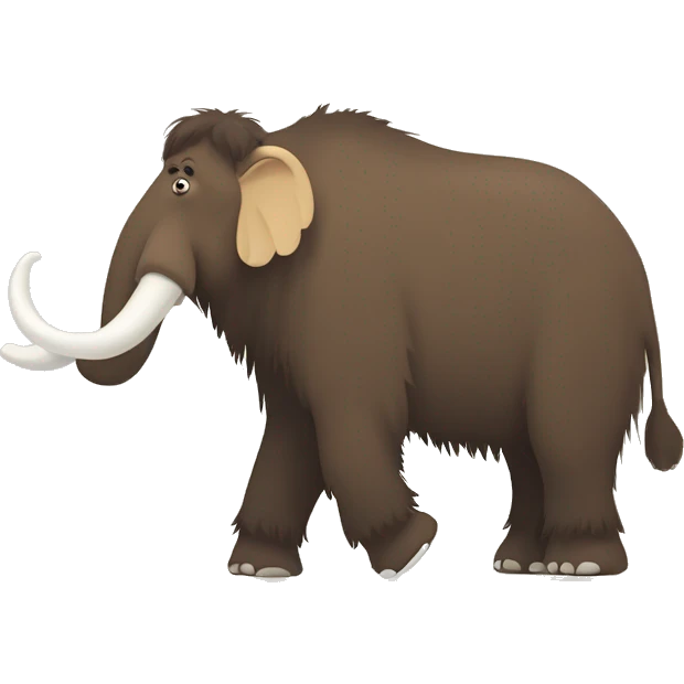A side view full body shot of a brownish woolly mammoth with 2 tusks, 2 ears, 4 legs, 1 trunk, and 1 tail. 2D animation style, flat shapes, vector illustration. emoji
