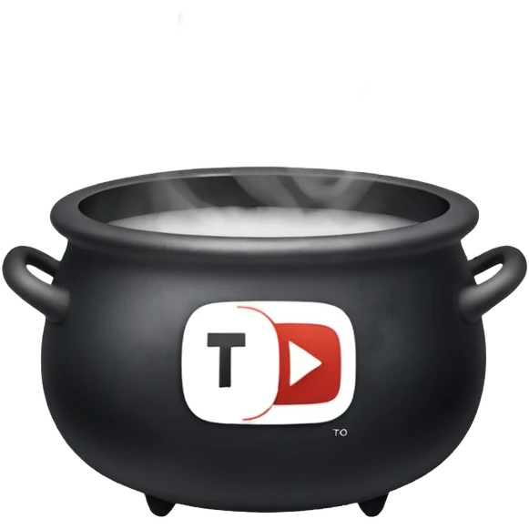 A black cauldron with lot of smoke rising, and the white YouTube play button logo floating above the smoke emoji