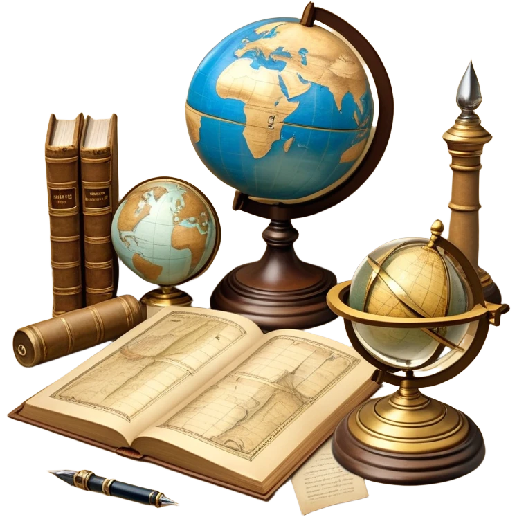 An icon featuring ancient scrolls, a quill pen, and large, old-fashioned sand clocks, symbolizing the study of history. The design includes a globe and a timeline with significant historical events, set against ruins to evoke past civilizations. Transparent background highlights the passage of time. emoji