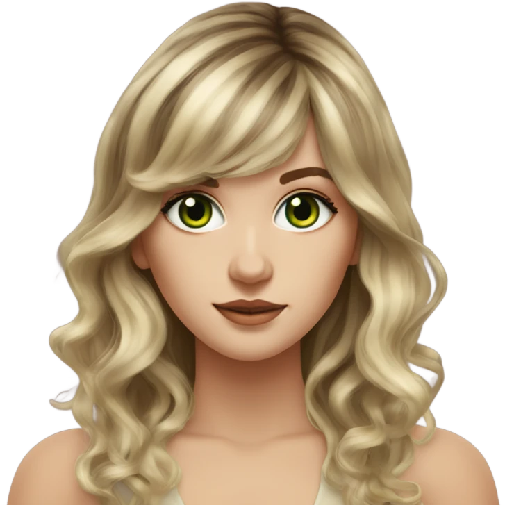 White girl green eyes with long voluminous brown hair with blonde highlights balayage bangs emoji