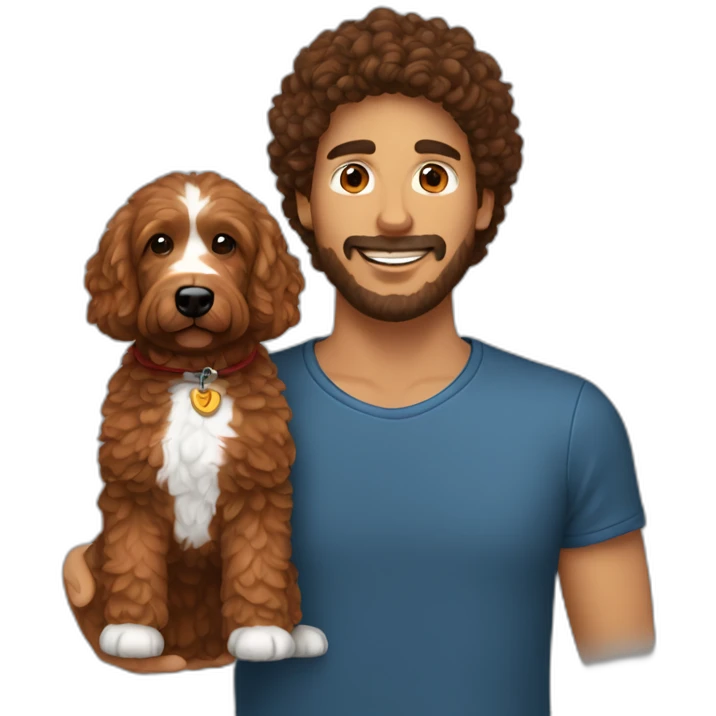 guy with dark brown hair holding red goldendoodle emoji