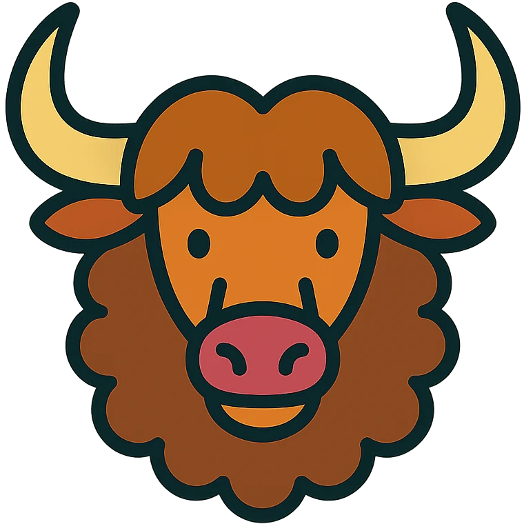 stylized yak head icon, large horns, curved snout, fluffy mane, modern icon style emoji