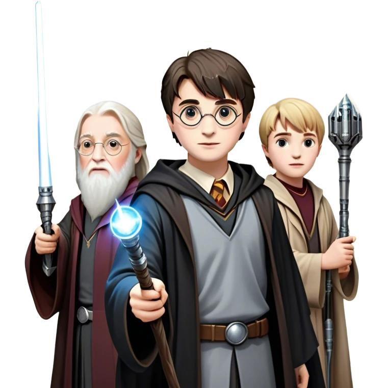 Icon for Fantasy and Sci-Fi Movies: Collage featuring Harry Potter with his wand, Dumbledore, Luke Skywalker with a lightsaber, and futuristic robots. Background with a magical planet, Hogwarts, flying owls, and spaceships. Epic and magical atmosphere. Transparent background. emoji