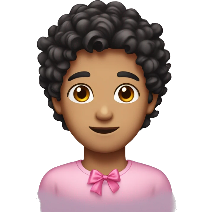 emoji of a boy with black curly hair and brown eyes with a pink bow emoji on the top right of his head emoji