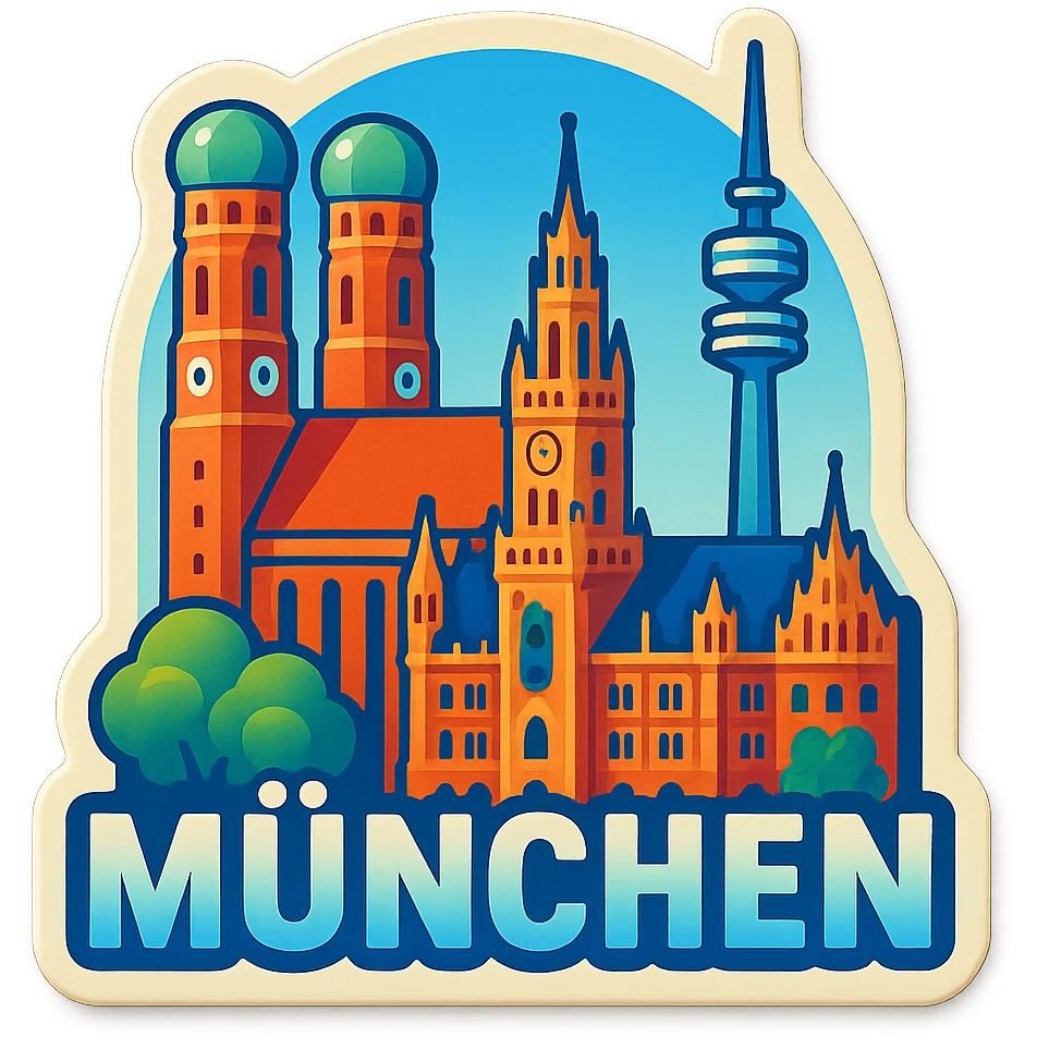 Adjust the coloring of the Munich emoji to be brighter, more true to life, and more daytime-like, removing the orange sunset tint. Keep the skyline, landmarks, lifelike detail, accurate colors, bright lighting, wide city view, and fully transparent background. Do not change anything else. emoji