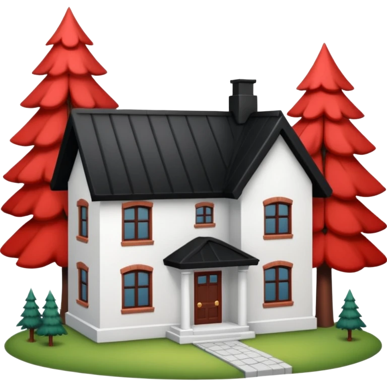 Dom z czarnym dachem i biała elewacja ze wstawkami z czerwonej cegły.Na drugim planie las. emoji