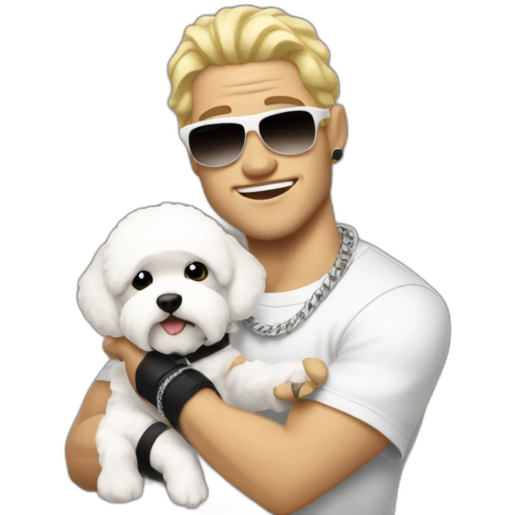 white male rapper flexing with a bichon emoji