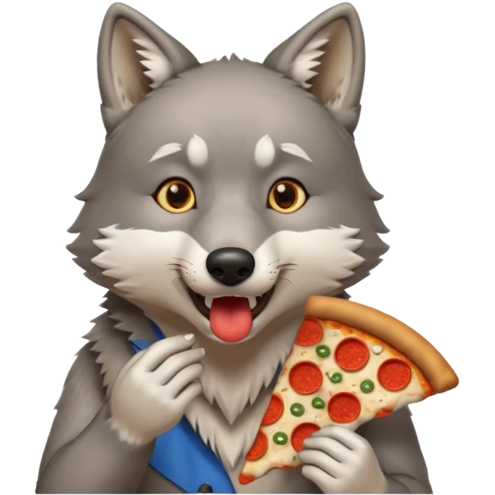 a surprised grey wolf eating a piece of pizza in a sitting pose emoji emoji