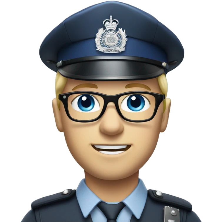 British policeman with blue eyes and helmet and blonde and glasses hair emoji