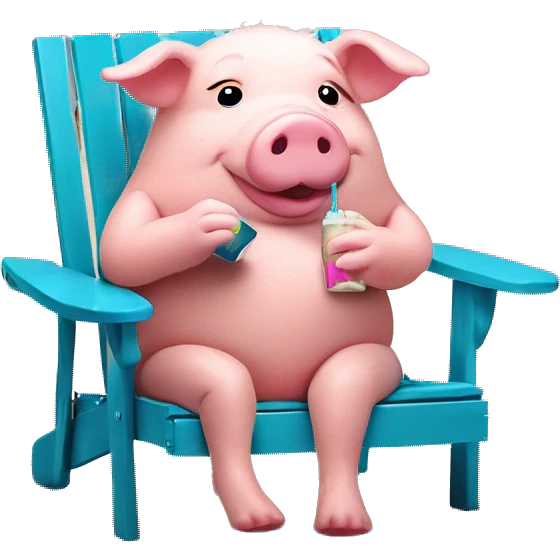 soft toy pig wearing swimshorts , alcoholic drink in hand , sitting on a chair on the beach  emoji