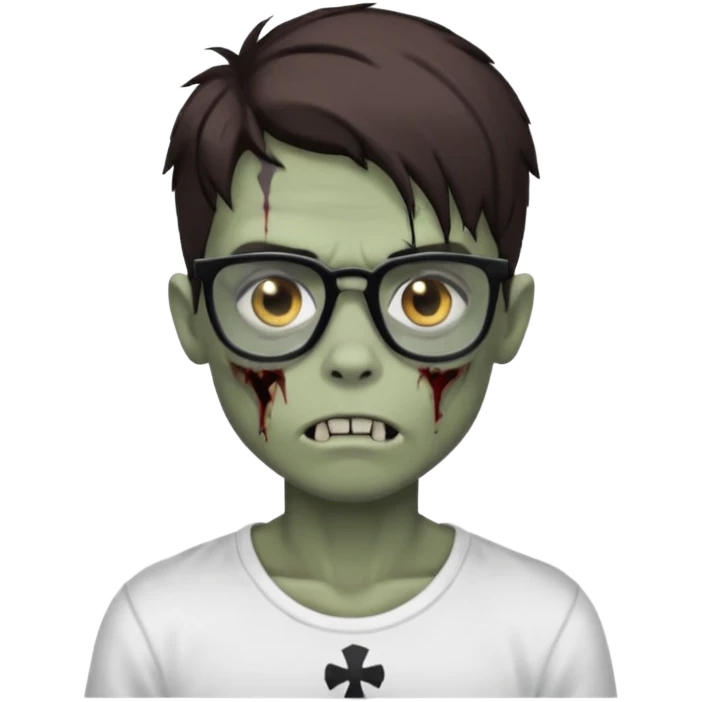 long brown haired zombie boy with black highlights, black glasses, white t shirt, hard collarbone emoji