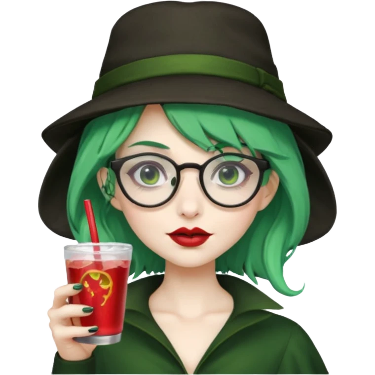 vampire green hair Drink holders with hat, wearing glasses, female emoji