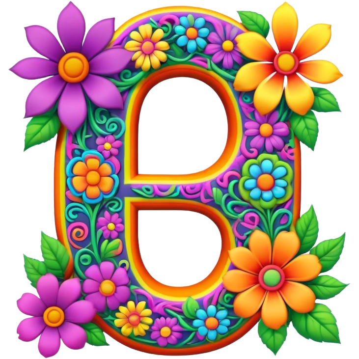 3D, gothic style psychedelic colored Letter “G” with hippie style flower border emoji