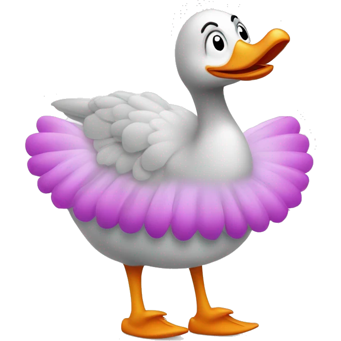 silly goose with a wide smile earing a tutu and clown shoes emoji