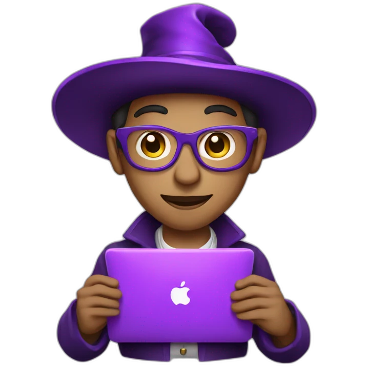 light skin magician with a purple magic hat working on a macbook emoji