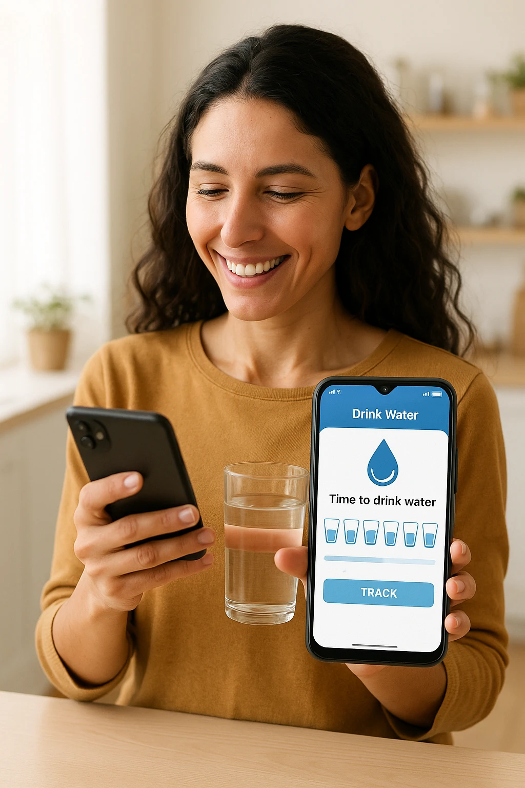 Donna che usa App per ricordarsi di bere, altrimenti non beve mai testo in italiano emoji