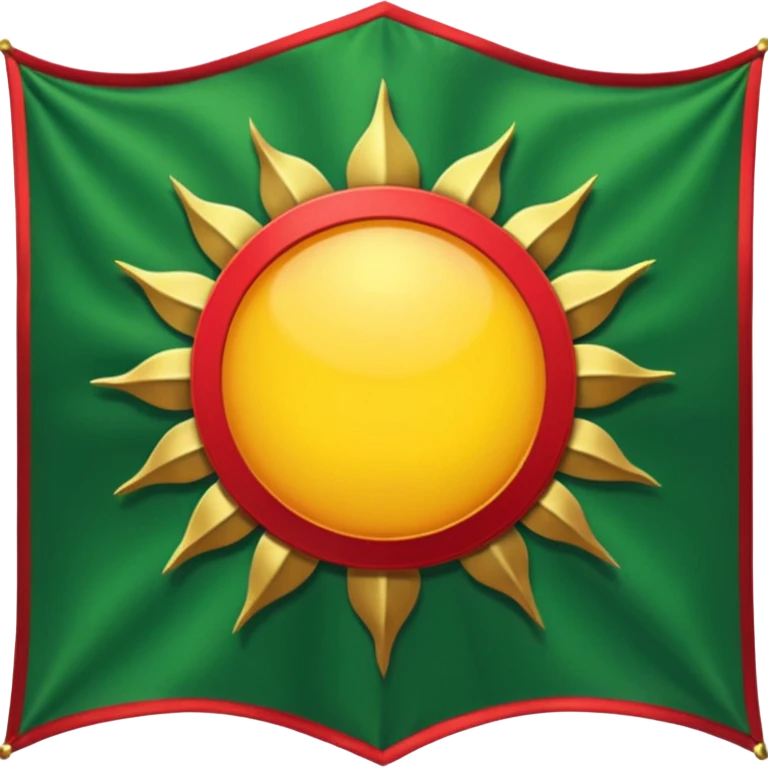 Medieval Banner with A yellow sun in the center, with Red points emanating from the sun, and green quarter panel edges  emoji