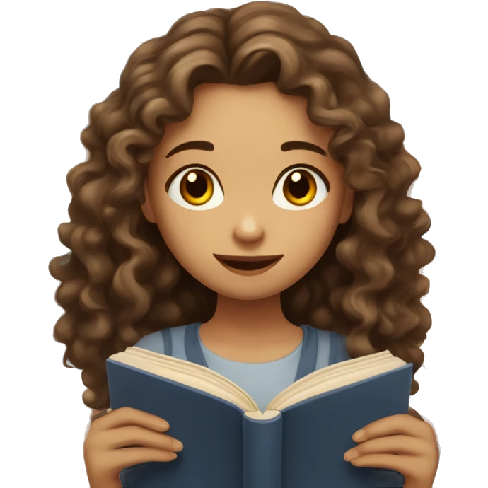 girl with long curly brown hair, she has light, white skin, two moles on her right cheek, brown eyes, looks at an open book in her hands emoji