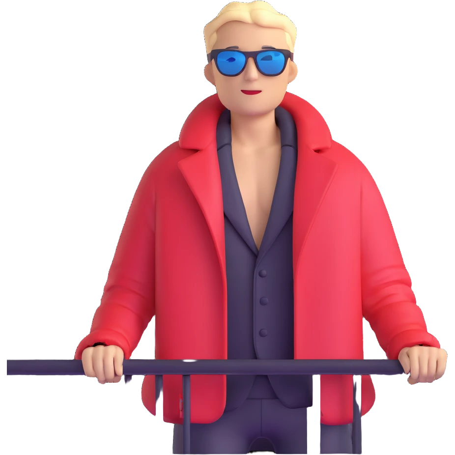 guy on balcony in winter with open jacket showing bare chest, wearing sunglasses, view from below emoji