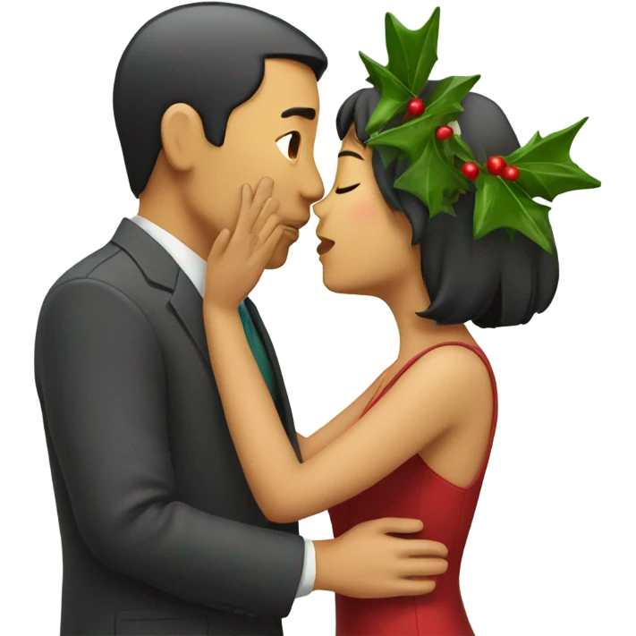 Asian woman and mexican man kissing under mistletoe emoji