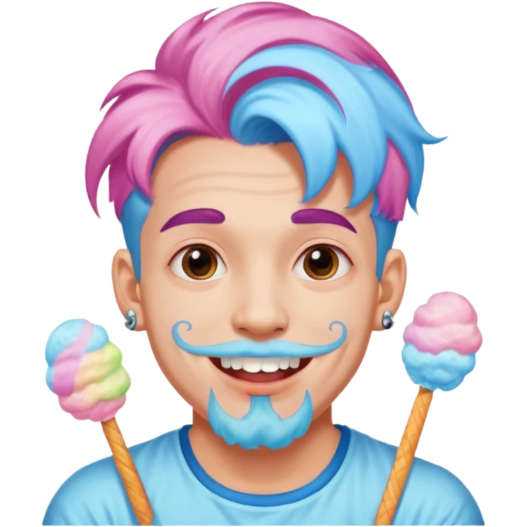 happy colorful haired man made out of cotton candy with braces and tattoos and just face not holding anything emoji
