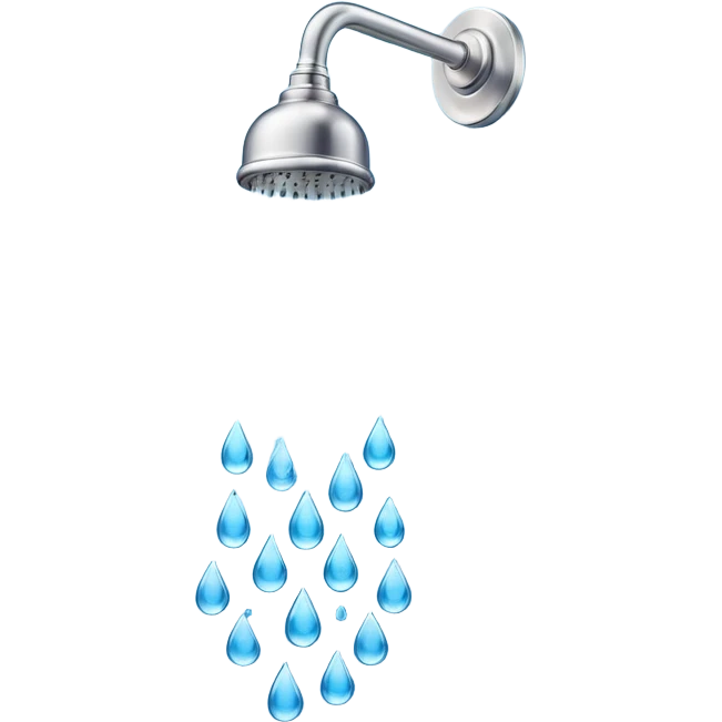 "A clean emoji icon of a silver shower head with blue water droplets falling downward in streams, steam wisps rising, minimal flat design, bright and refreshing colors, transparent background" emoji