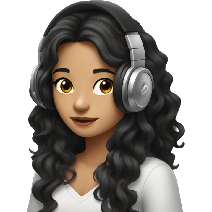 Girl with brown eyes and long black wavy hair listening music with marshall headphones emoji