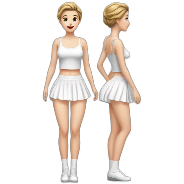 hyperrealistic-full-body-caucasian-curvy-beauty-jumping-small white-skirt-white knickers under skirt white socks back-and-front-views emoji