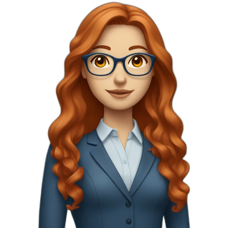 White-girl-with-long-hair-red-head-eyes-brown-wearing-glasses-blouse-formal-blue emoji
