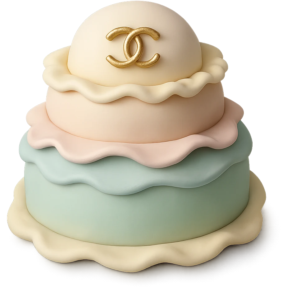 pastel Chanel opera cake with a gold logo accent, fondant cake art style emoji